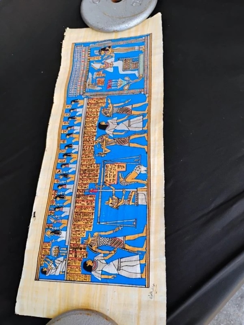 Vintage Egyptian Papyrus Wall Art - Blue and Gold Hieroglyphic Scene